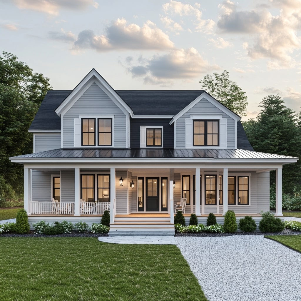 Gray farmhouse with black windows wraparound porch and white flowering gardens