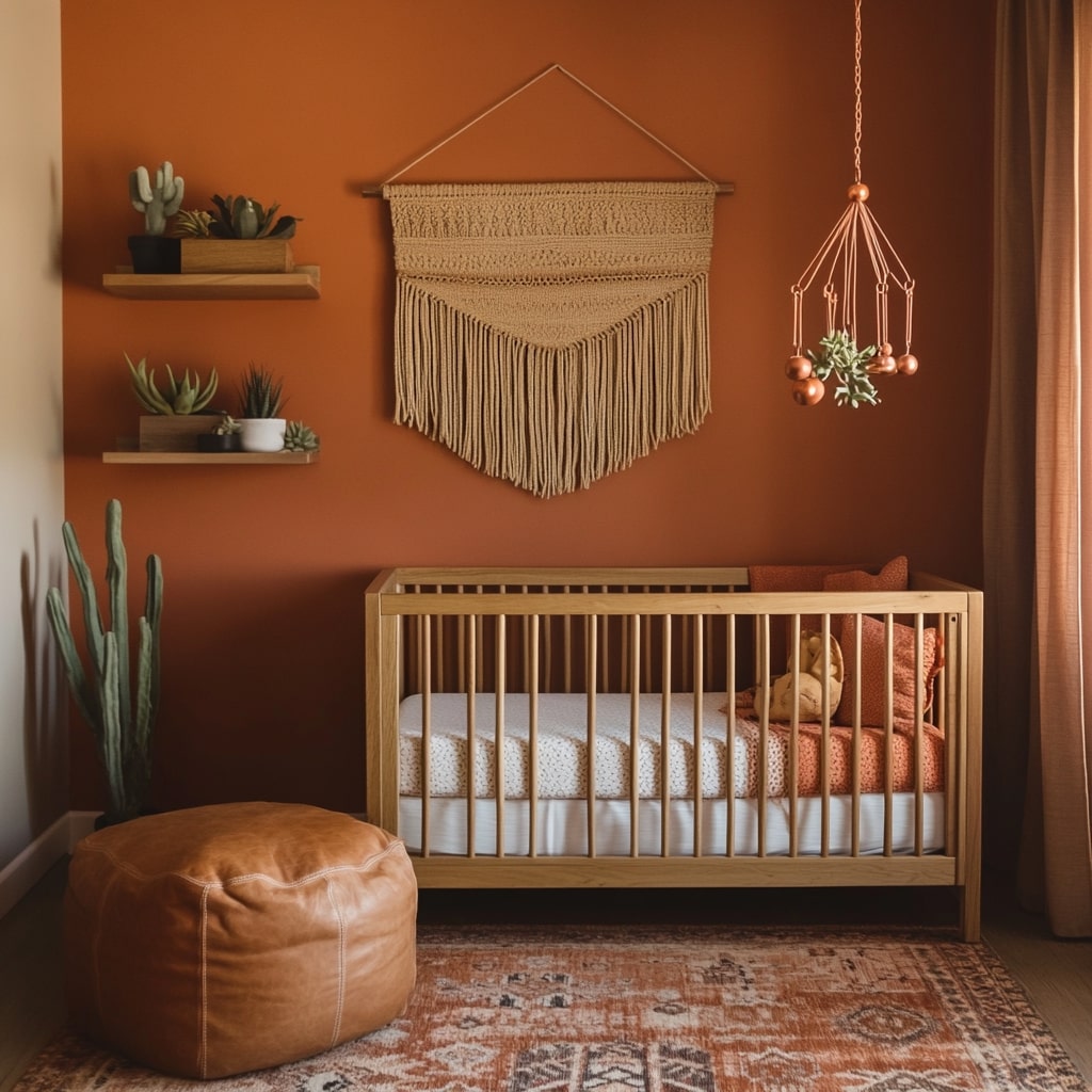  Terracotta nursery with wooden crib succulent decor and macrame wall art