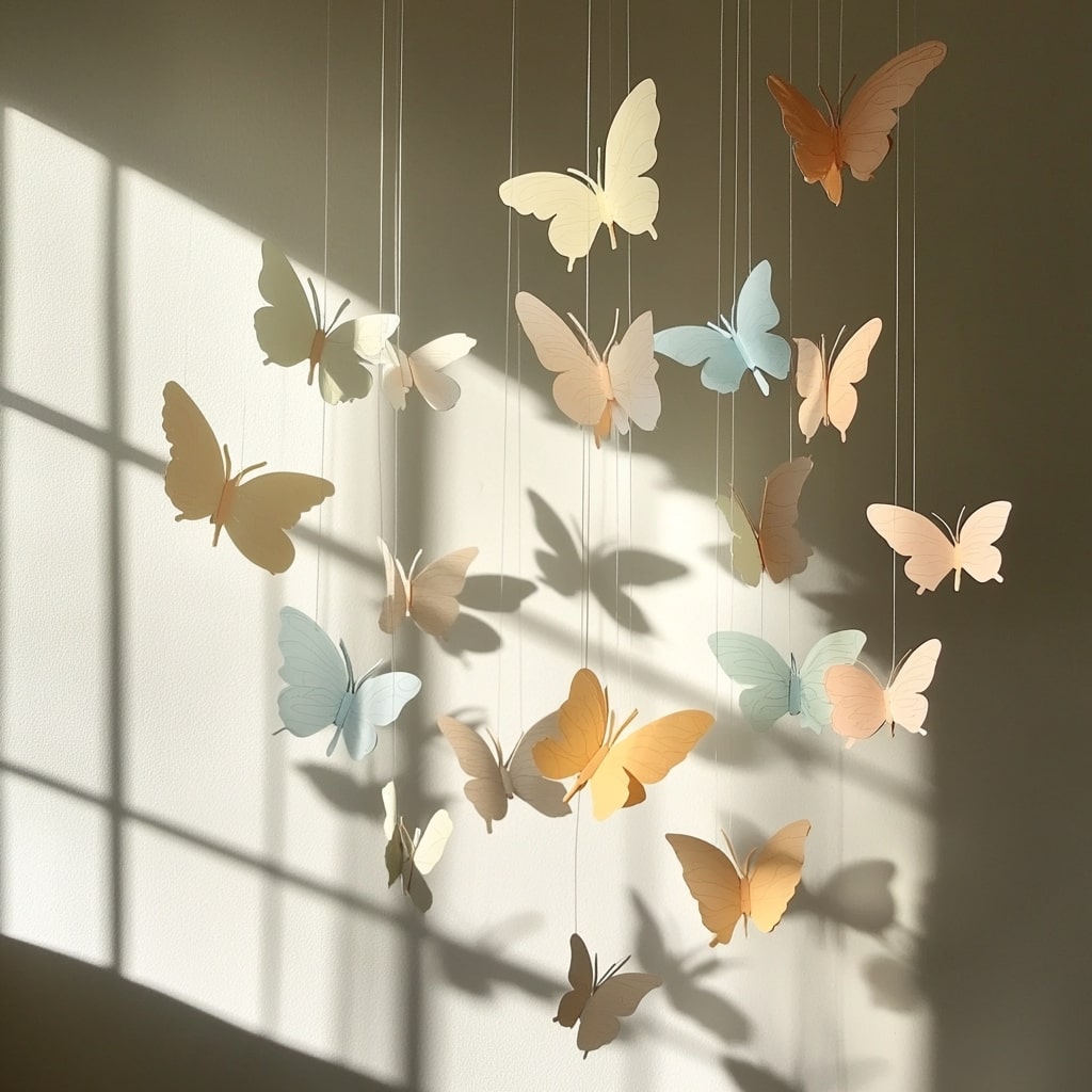 Hanging paper butterflies casting shadows on white wall in sunlight