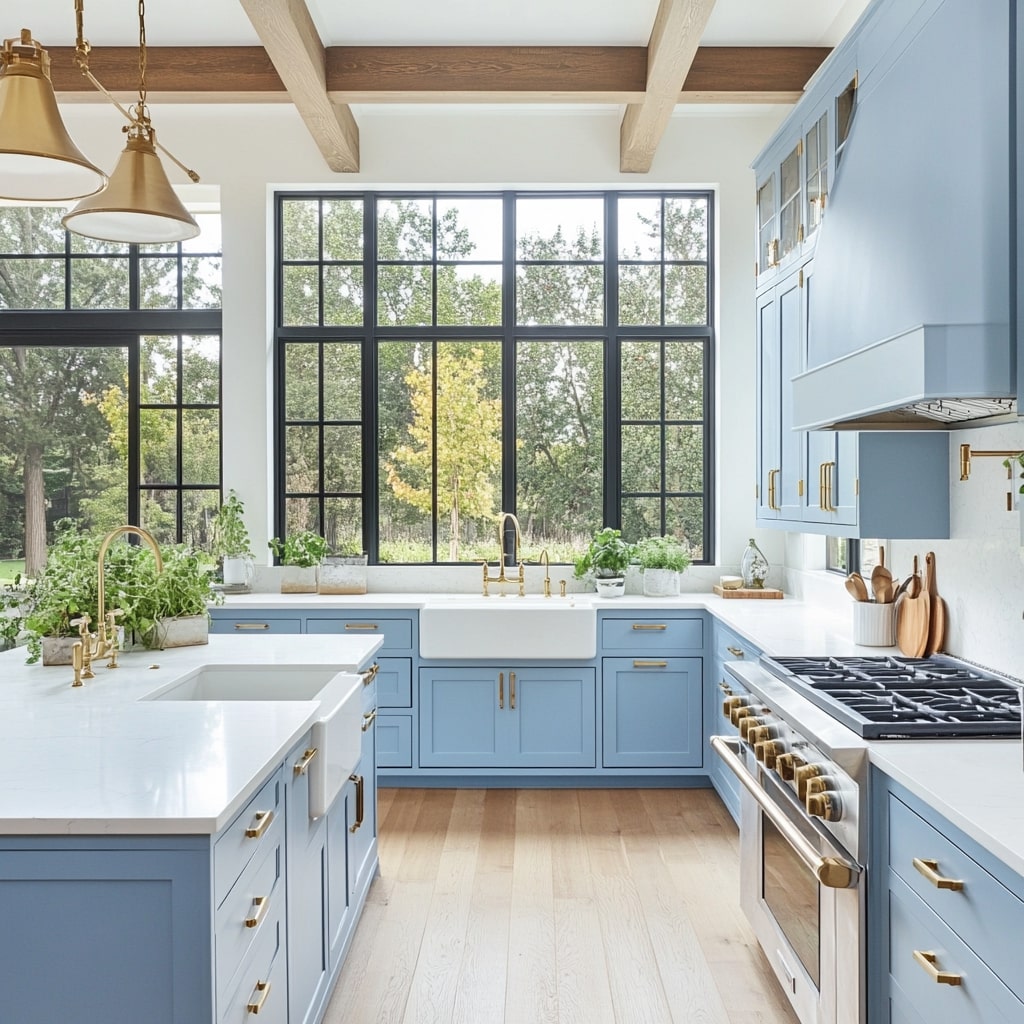  Blue kitchen with black windows brass fixtures and farmhouse sinks