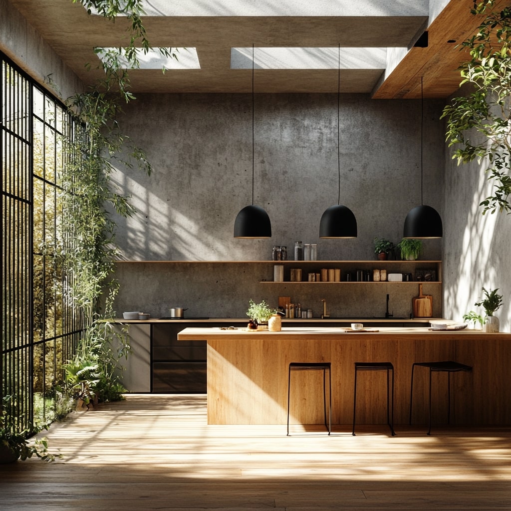  Modern kitchen with concrete walls and hanging plants by window wall