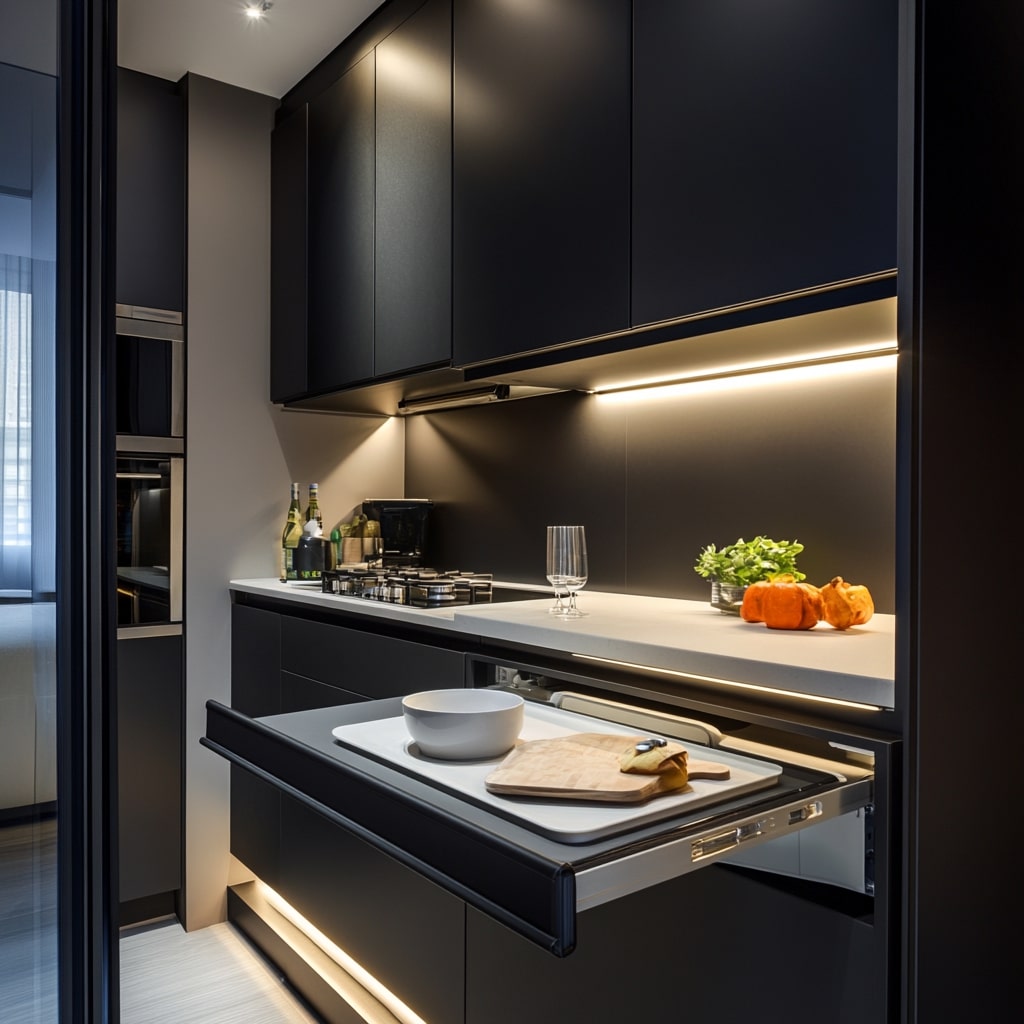 Modern black kitchen with pull out counter and LED lighting