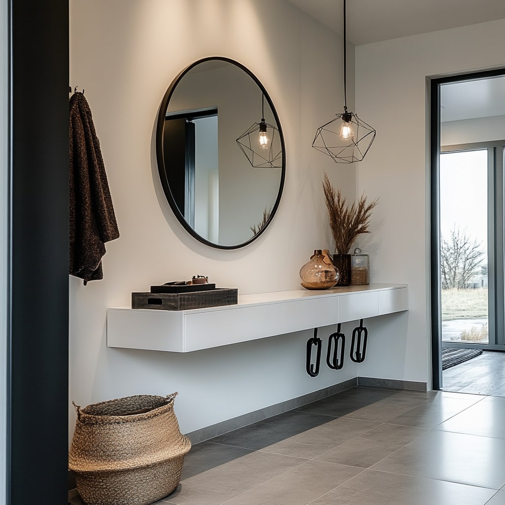 Contemporary entryway with floating console black mirror and geometric pendant lights