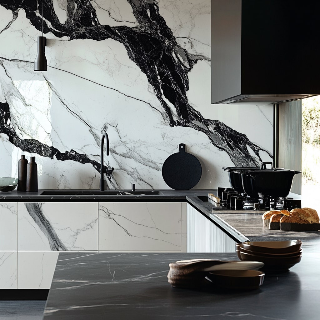 Modern kitchen with black and white marble backsplash and dark accessories