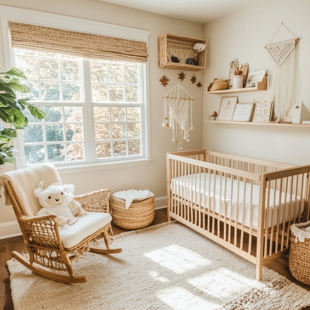 Neutral nursery with rattan rocker wooden crib and natural decor