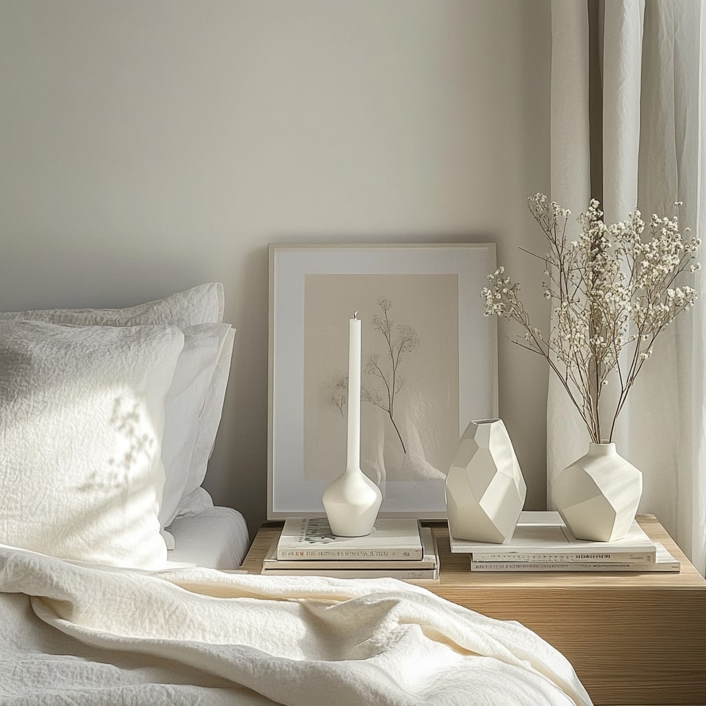 White geometric vases with dried flowers on wooden nightstand with linen bedding