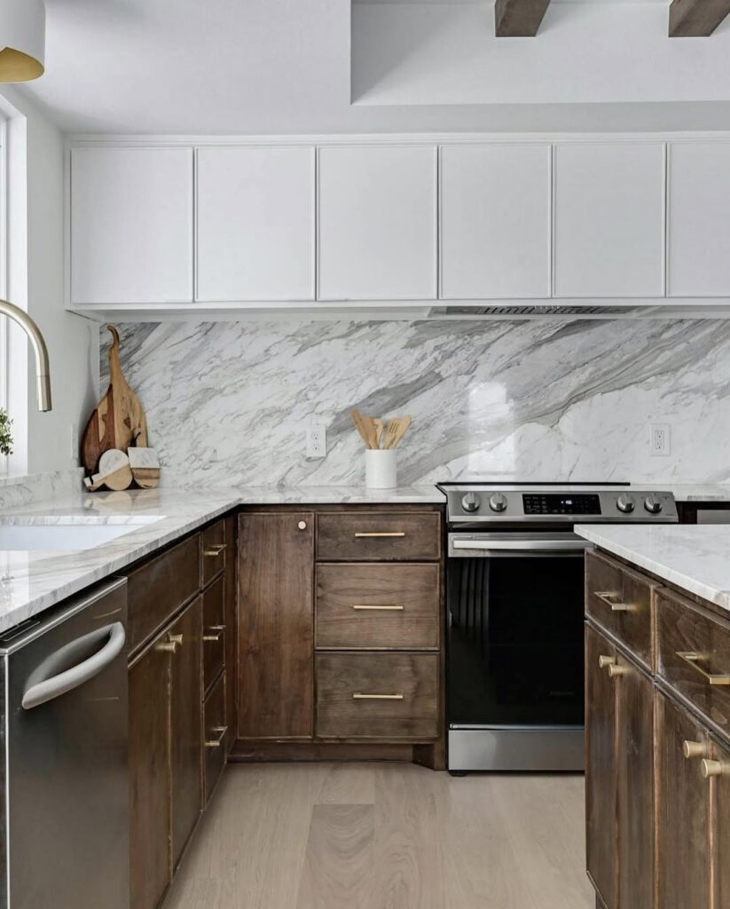 Modern kitchen with walnut cabinets and marble backsplash