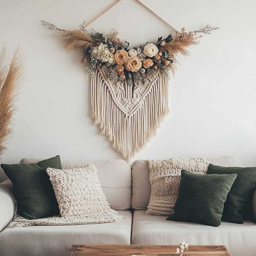 Macrame wall hanging with dried flowers and fringe over cream couch