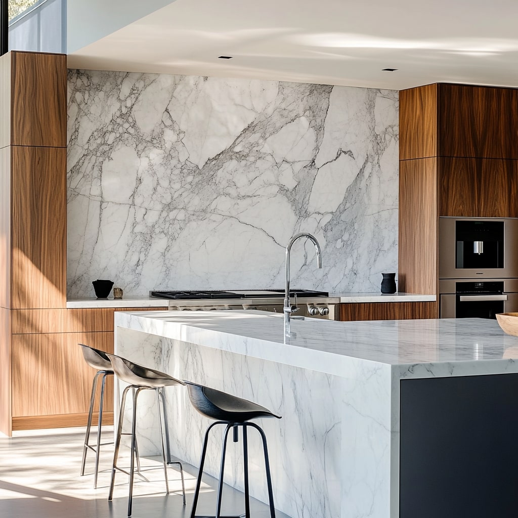  Modern kitchen with walnut panels marble walls and modern bar stools