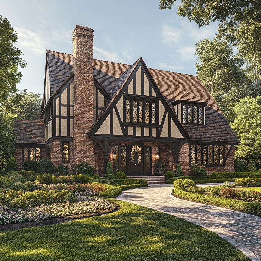Tudor style house with brick and timber details formal gardens and curved pathway