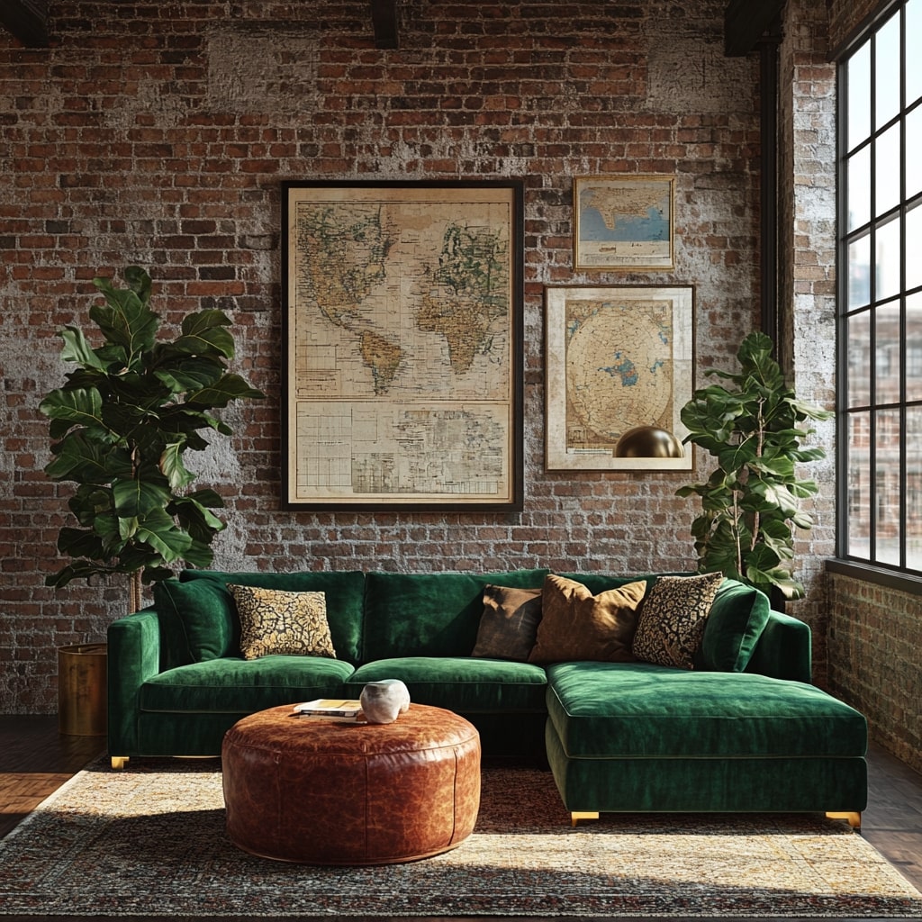 Green velvet sectional with brick walls vintage maps and leather ottoman