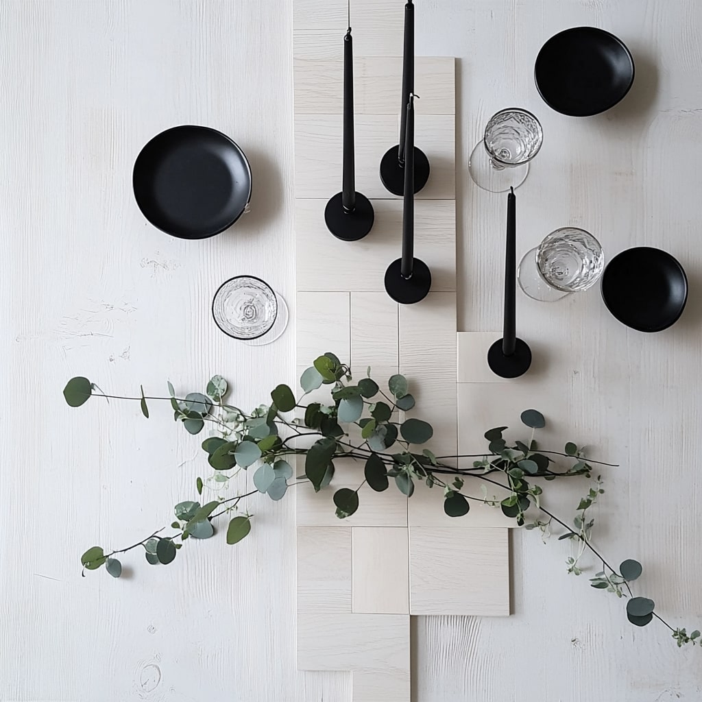 Black and white wall decor with geometric tiles candles and eucalyptus