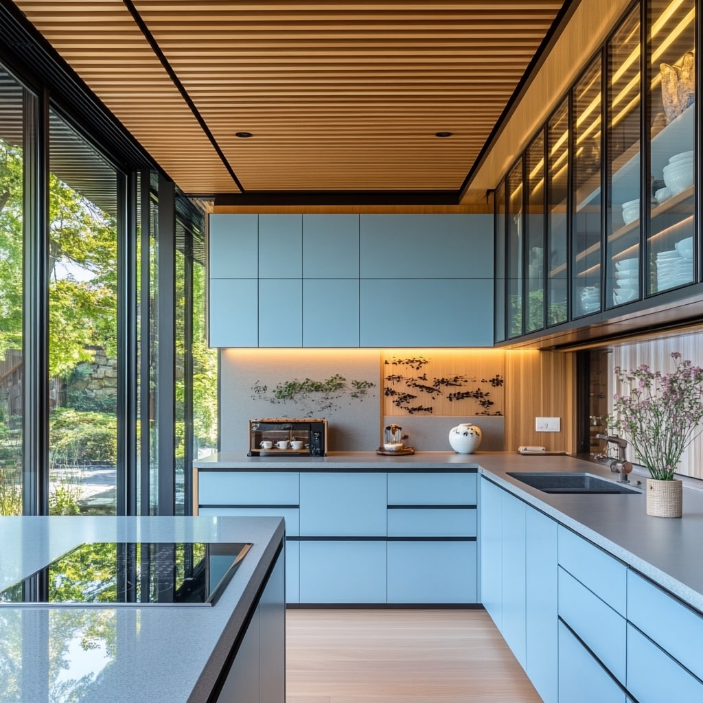 Modern blue kitchen with wooden ceiling garden views and Asian artwork