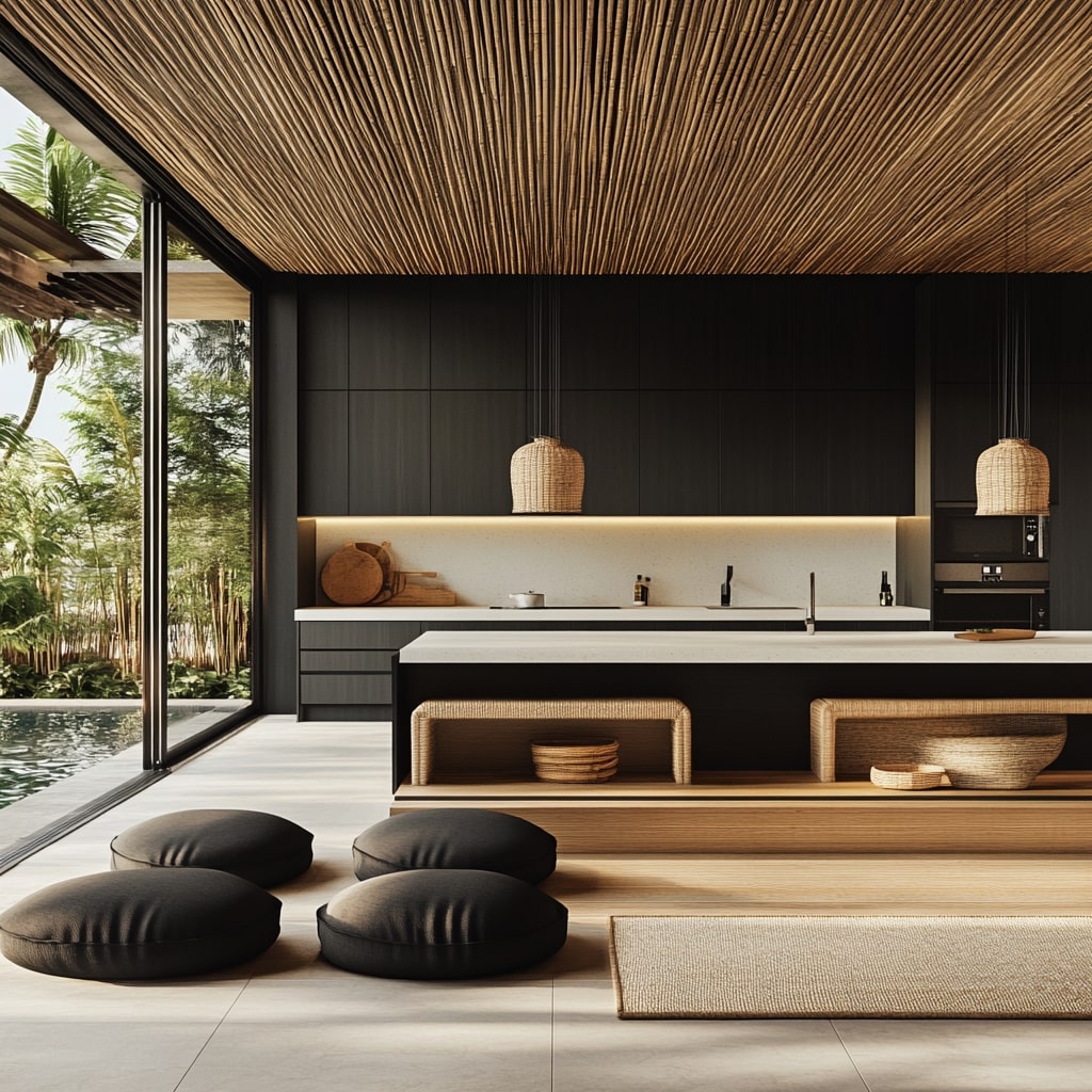 Kitchen with bamboo ceiling and black cabinets overlooking tropical garden