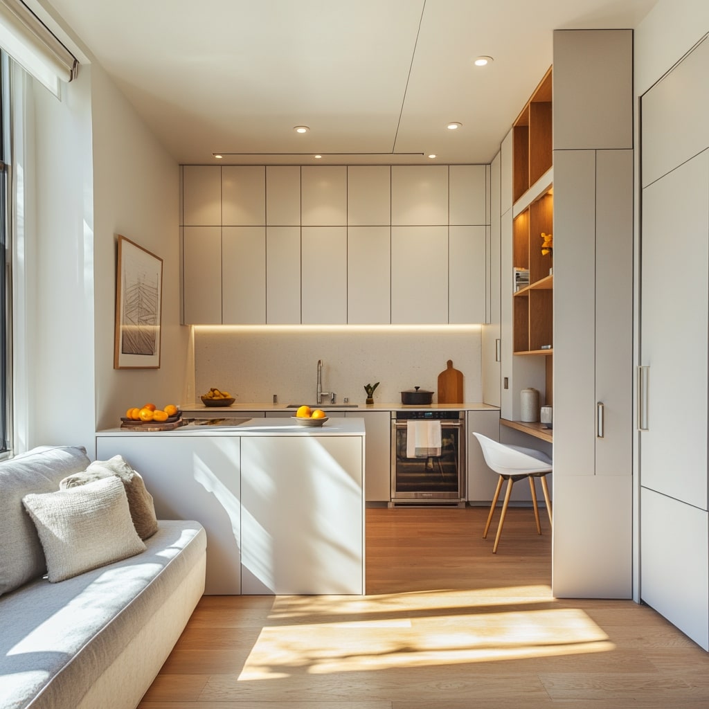 White compact kitchen with built in seating and wood floors