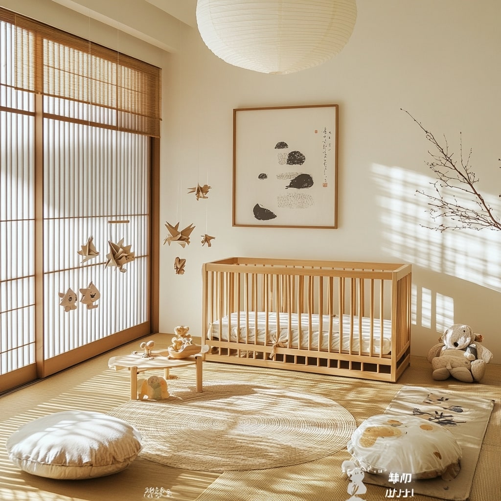 Japanese inspired nursery with wooden crib paper cranes and natural textures