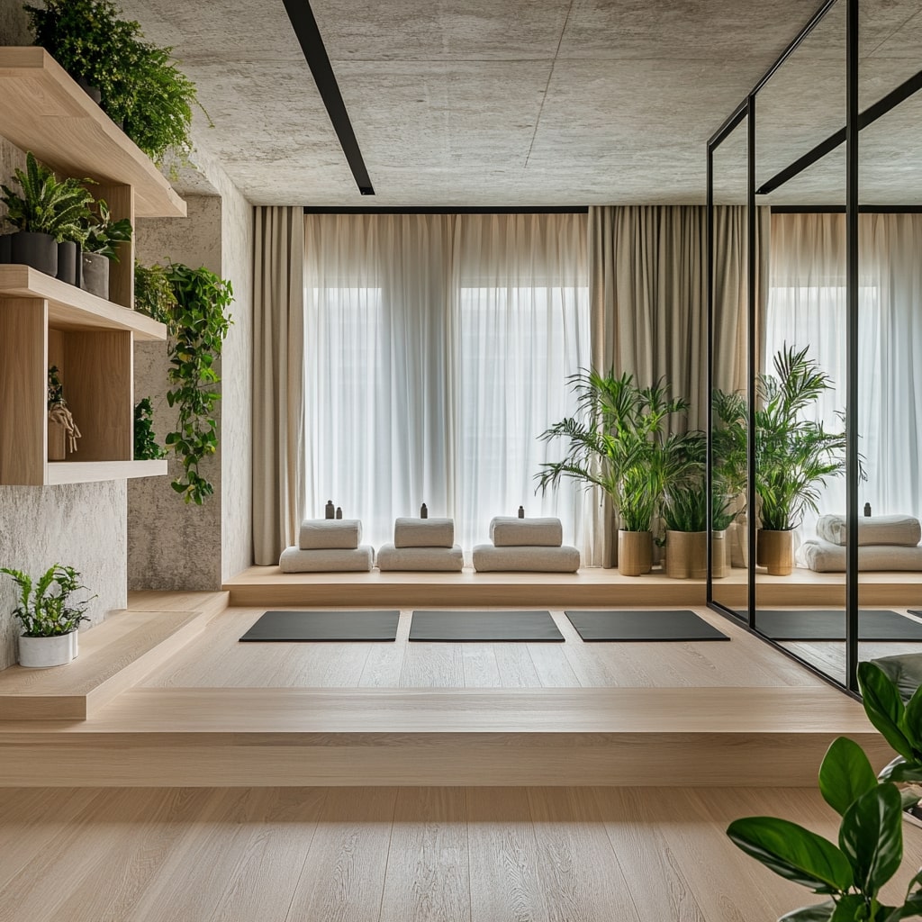 Modern yoga studio with mirrors wooden platforms and indoor plants