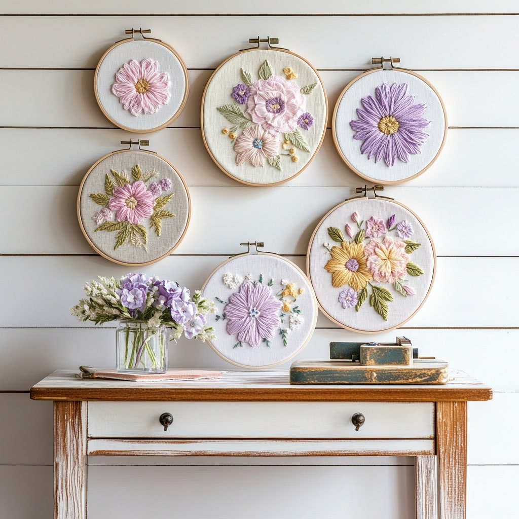 Collection of embroidery hoops with floral designs on white wall