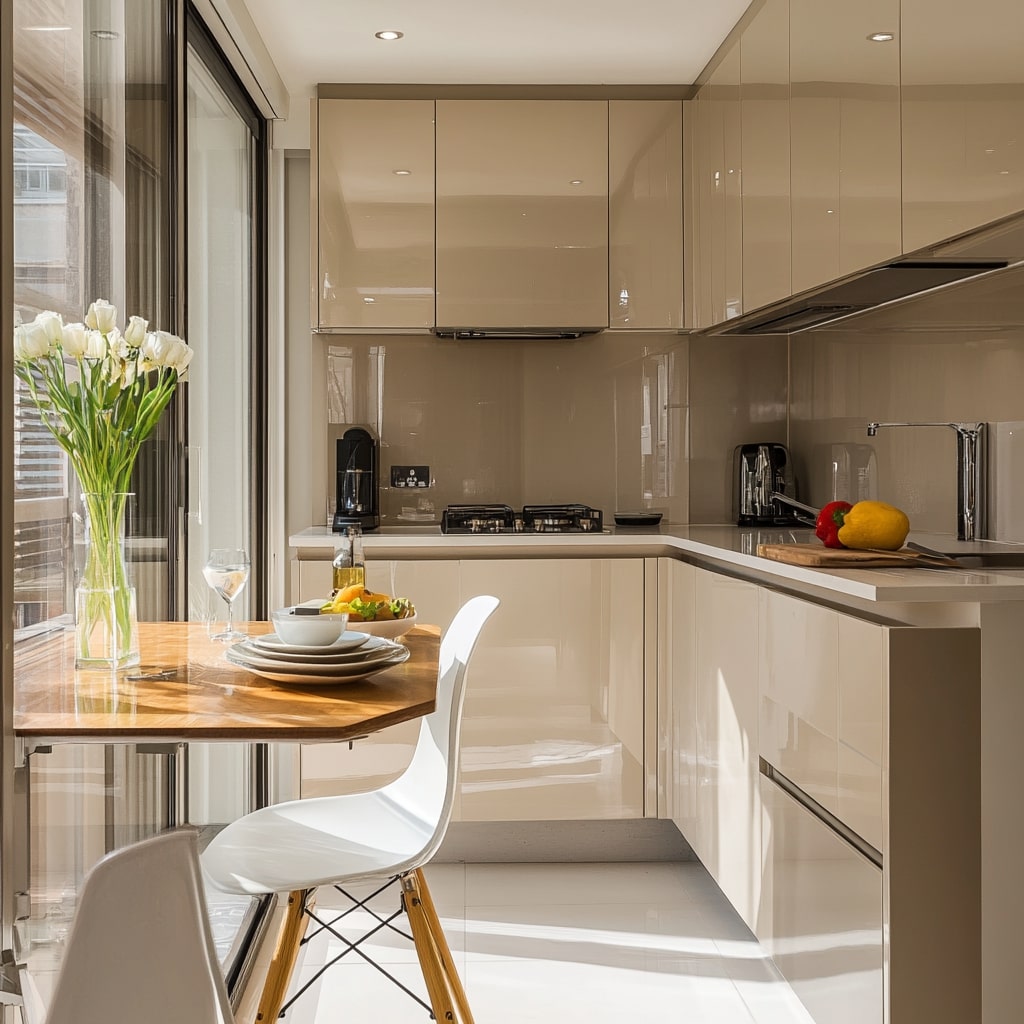 Cream gloss kitchen with wooden table and white chairs