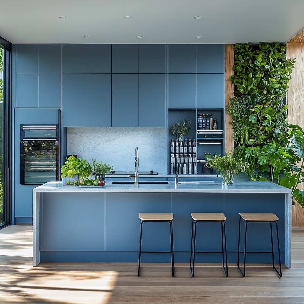 Blue kitchen with living wall marble backsplash and modern stools