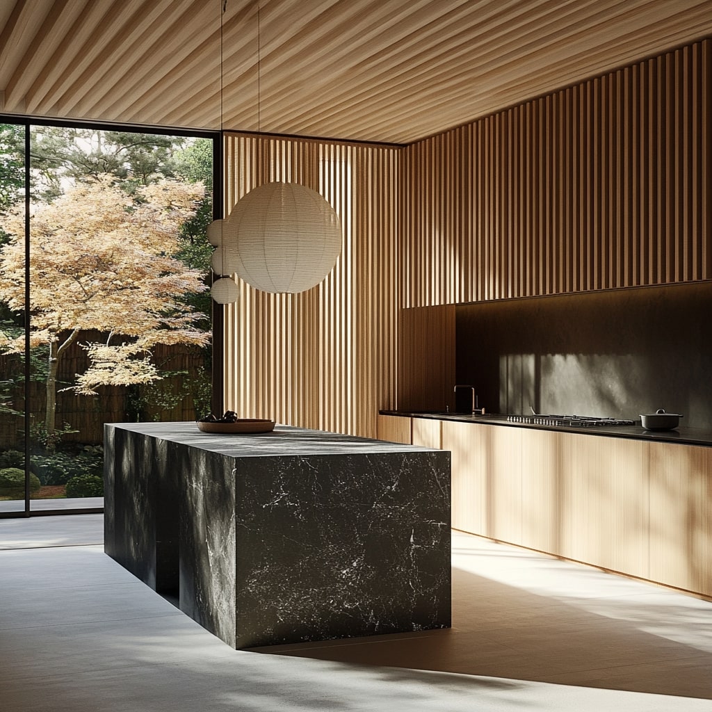 Kitchen featuring wooden slats and black stone island with forest view