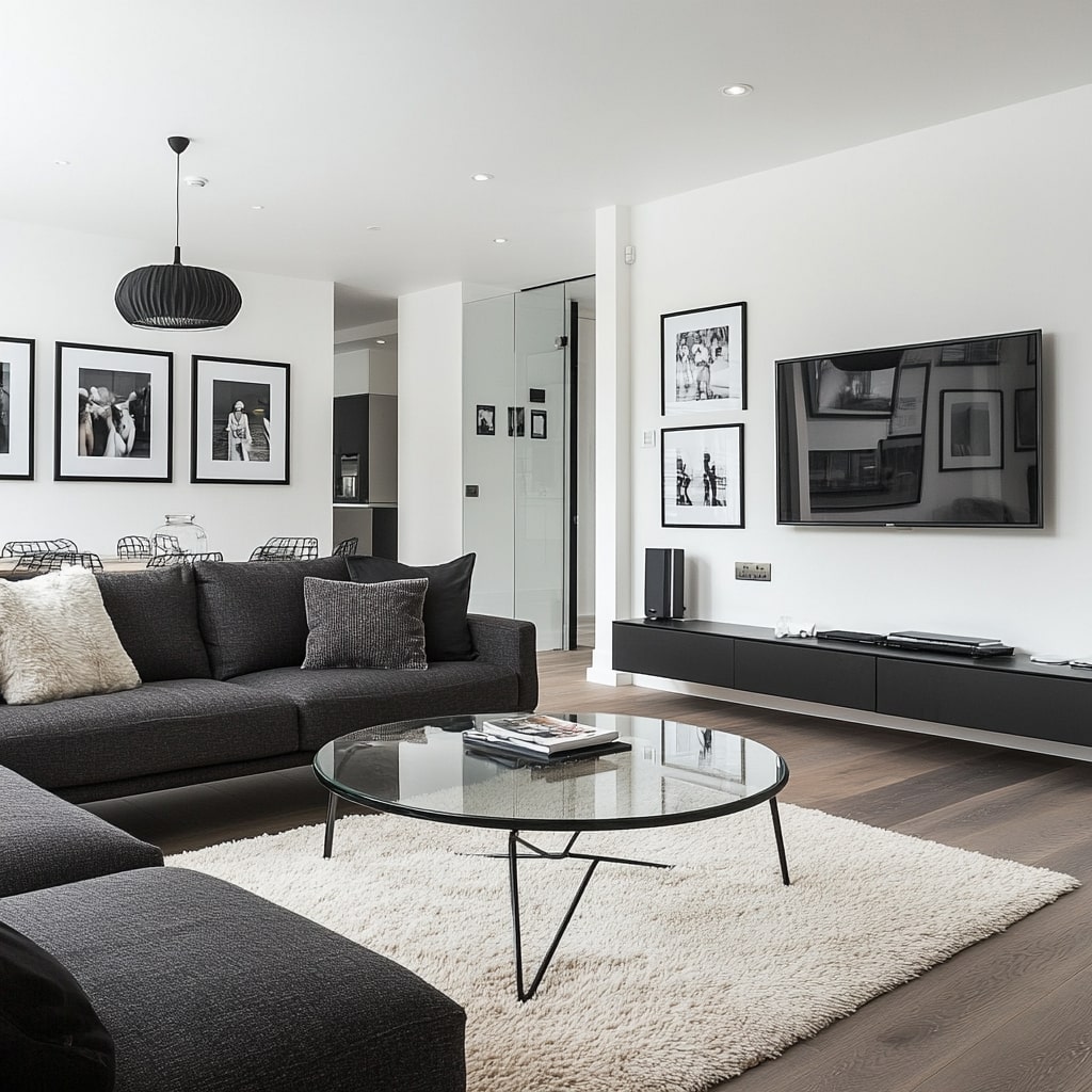  Black sectional with monochrome gallery wall glass coffee table and white rug