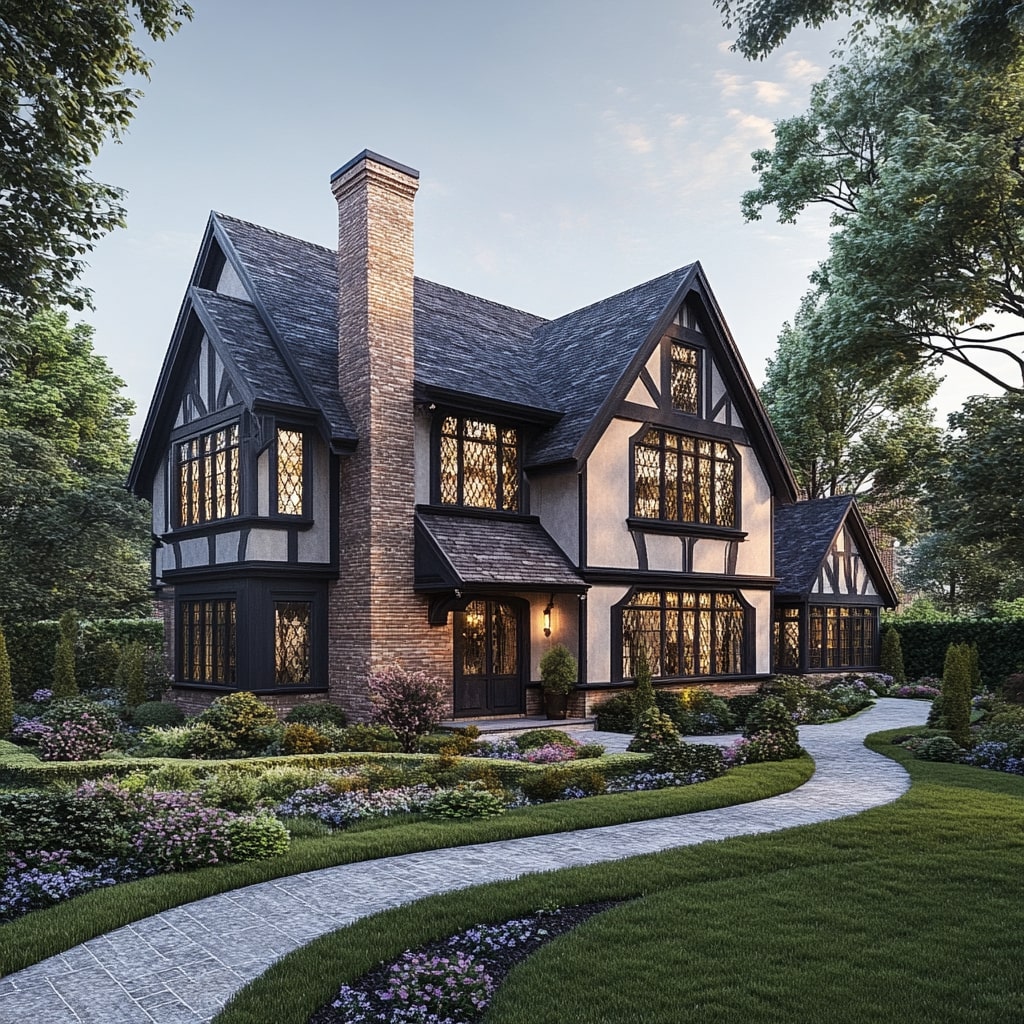 Black and cream Tudor house with brick chimney curved gardens and stone path