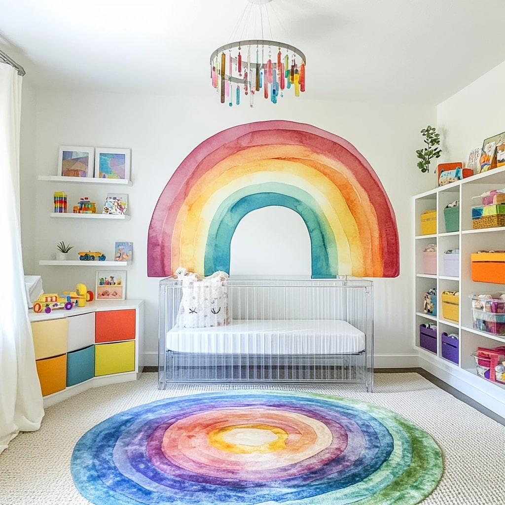 Modern nursery with rainbow mural colorful storage and acrylic crib