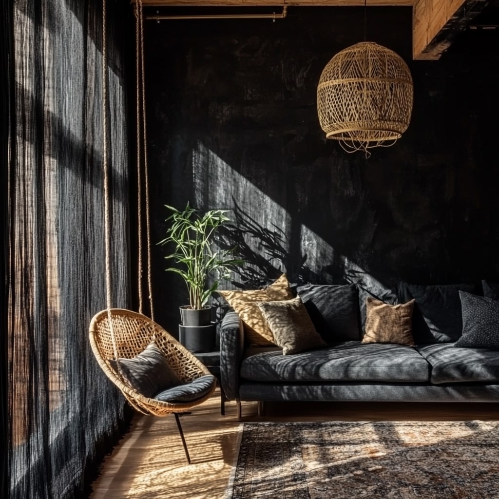  Dark living room with rattan chair woven pendant and dramatic shadow play