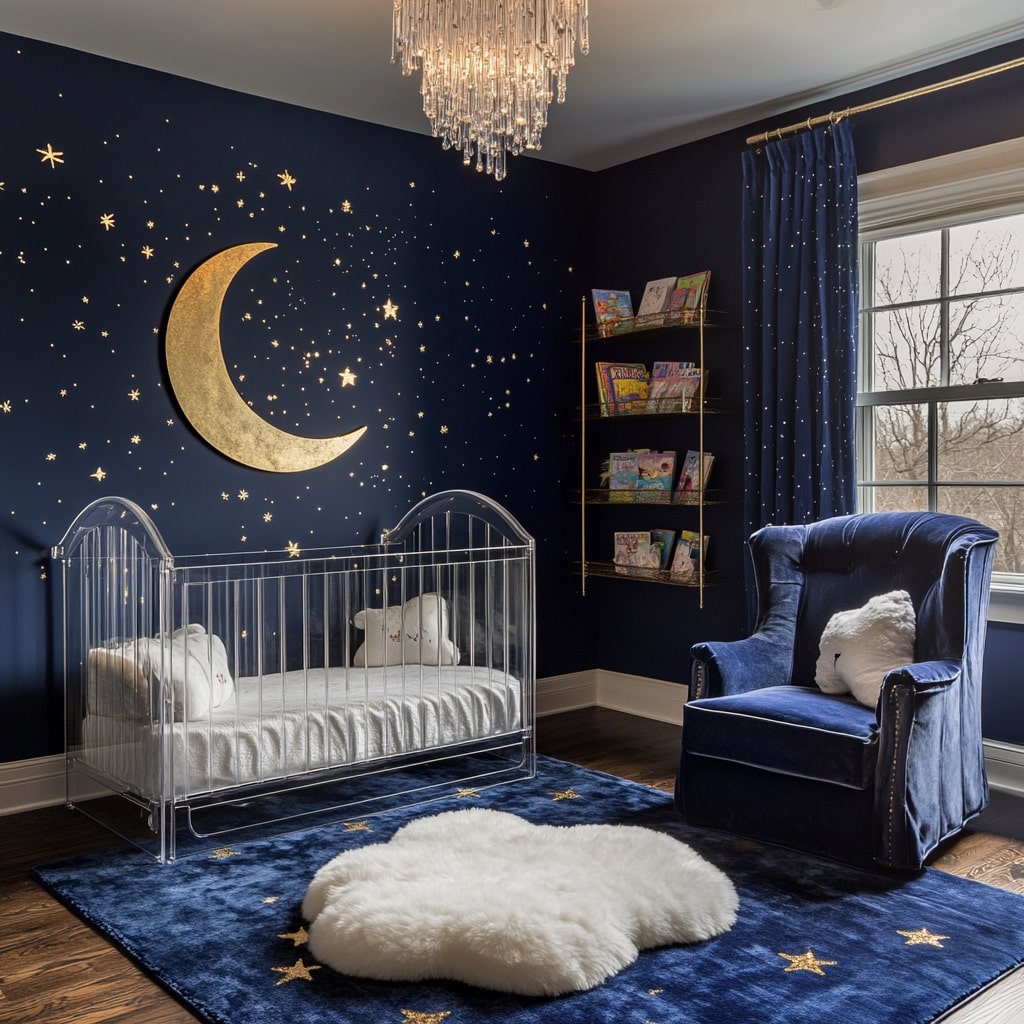 Dark blue nursery with gold stars crystal chandelier and velvet chair