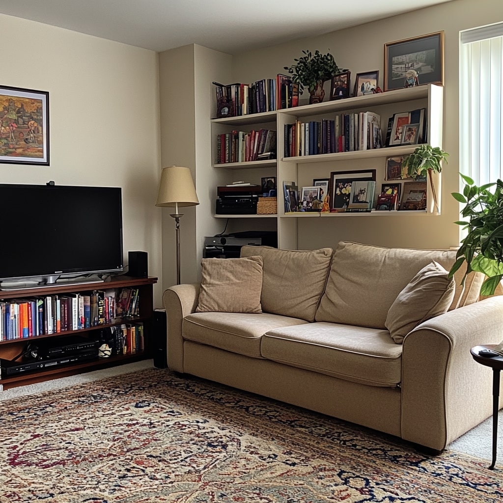 Beige sofa with built in shelving television and Persian rug