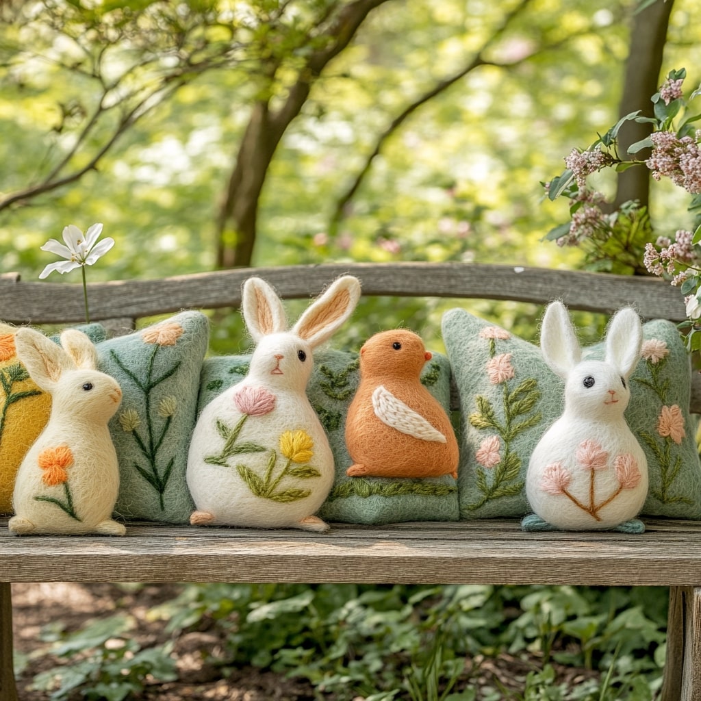 Needle felted rabbits and bird with embroidered flowers on garden bench