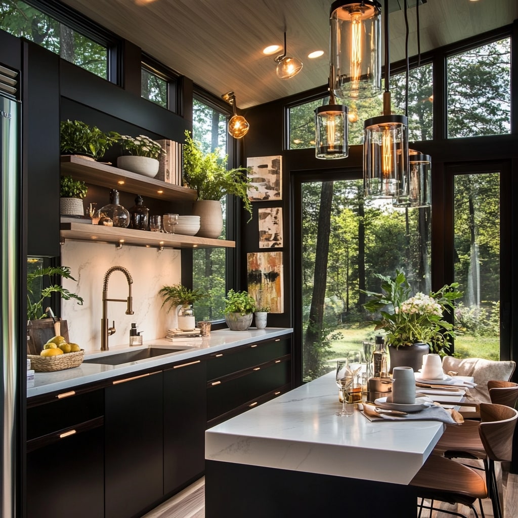 Black kitchen with glass lights and forest view windows