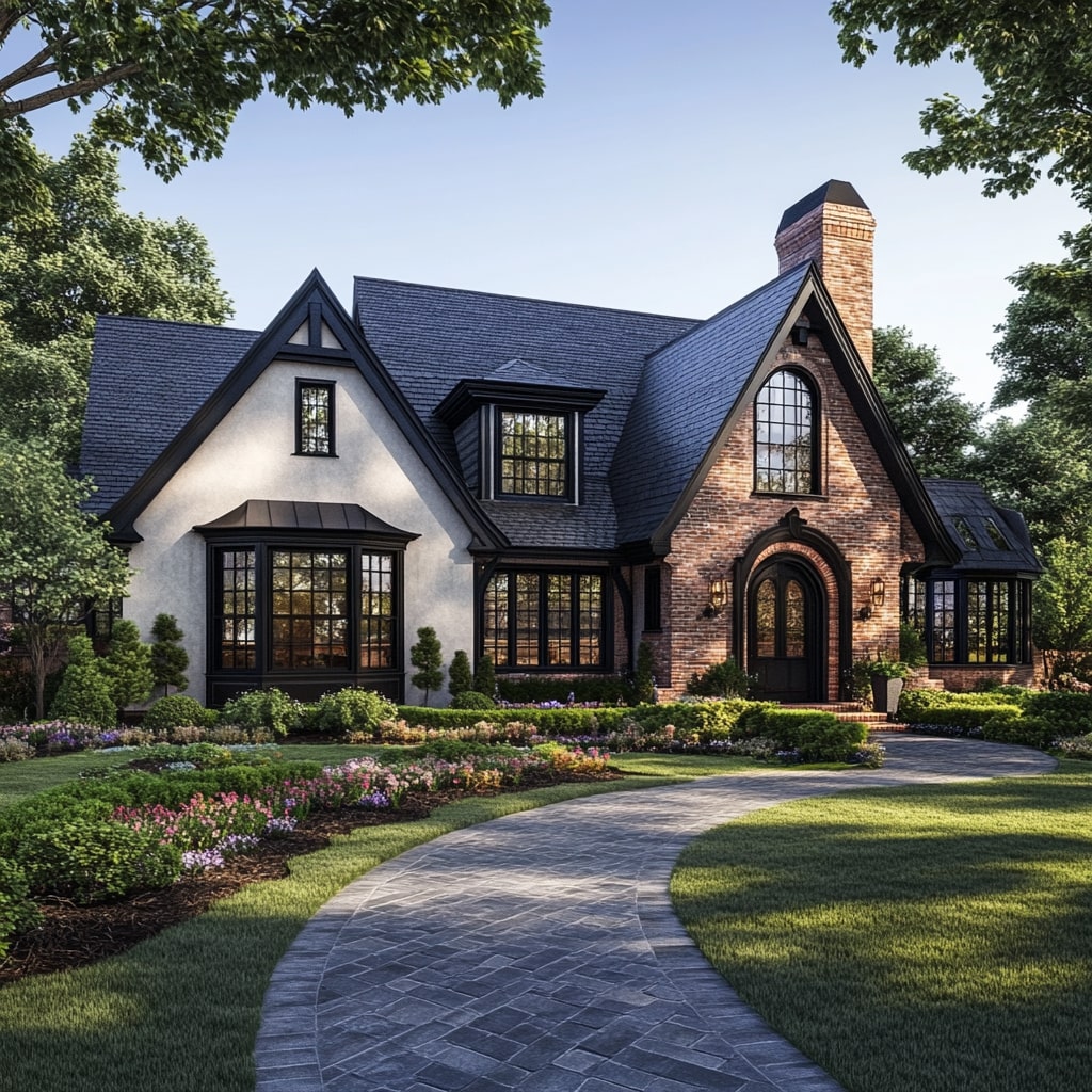 White Tudor cottage with black trim arched doorway and curved stone pathway