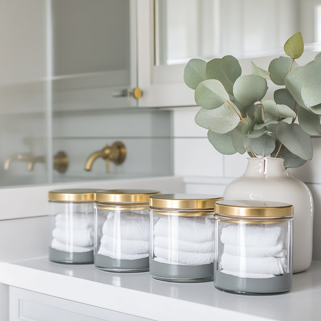 Glass bathroom storage jars with gold lids and eucalyptus arrangement