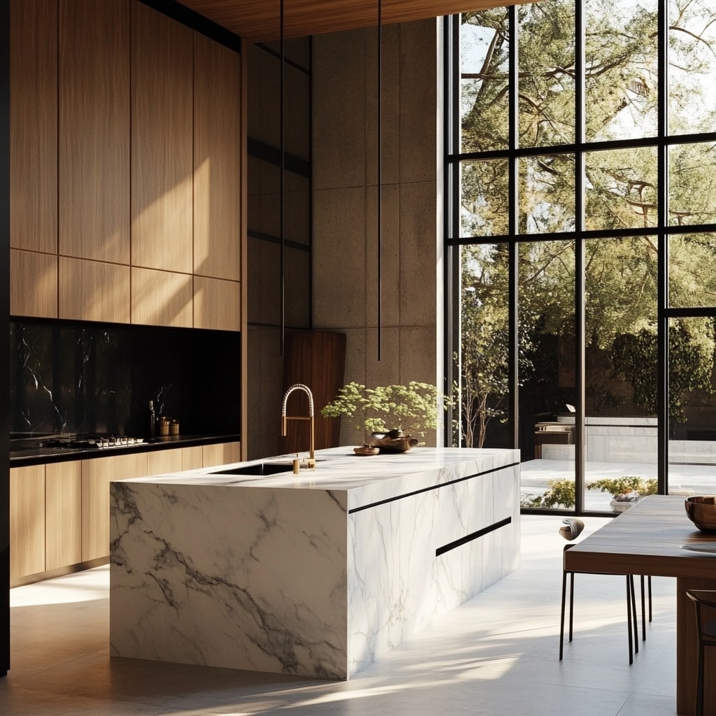  Modern kitchen with marble island and wooden cabinets overlooking trees