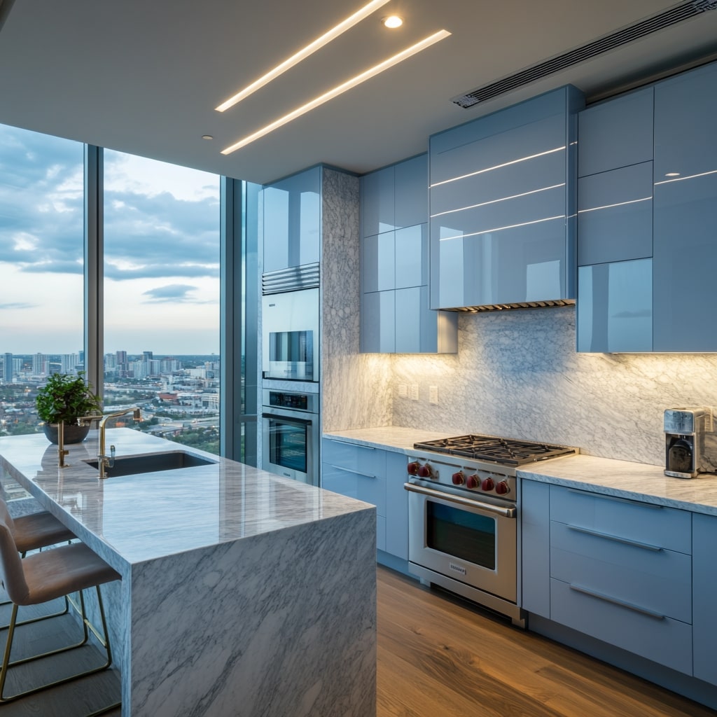 Modern blue kitchen with city views LED lighting and marble waterfall island