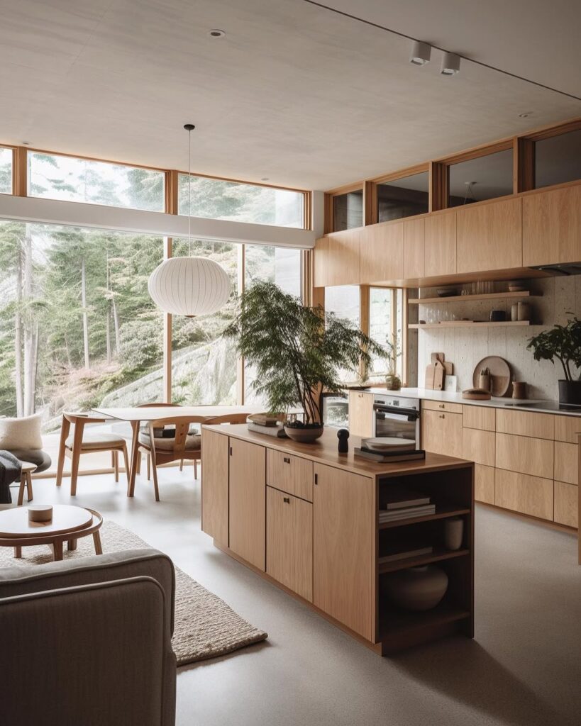 Modern kitchen with panoramic forest views and wooden elements