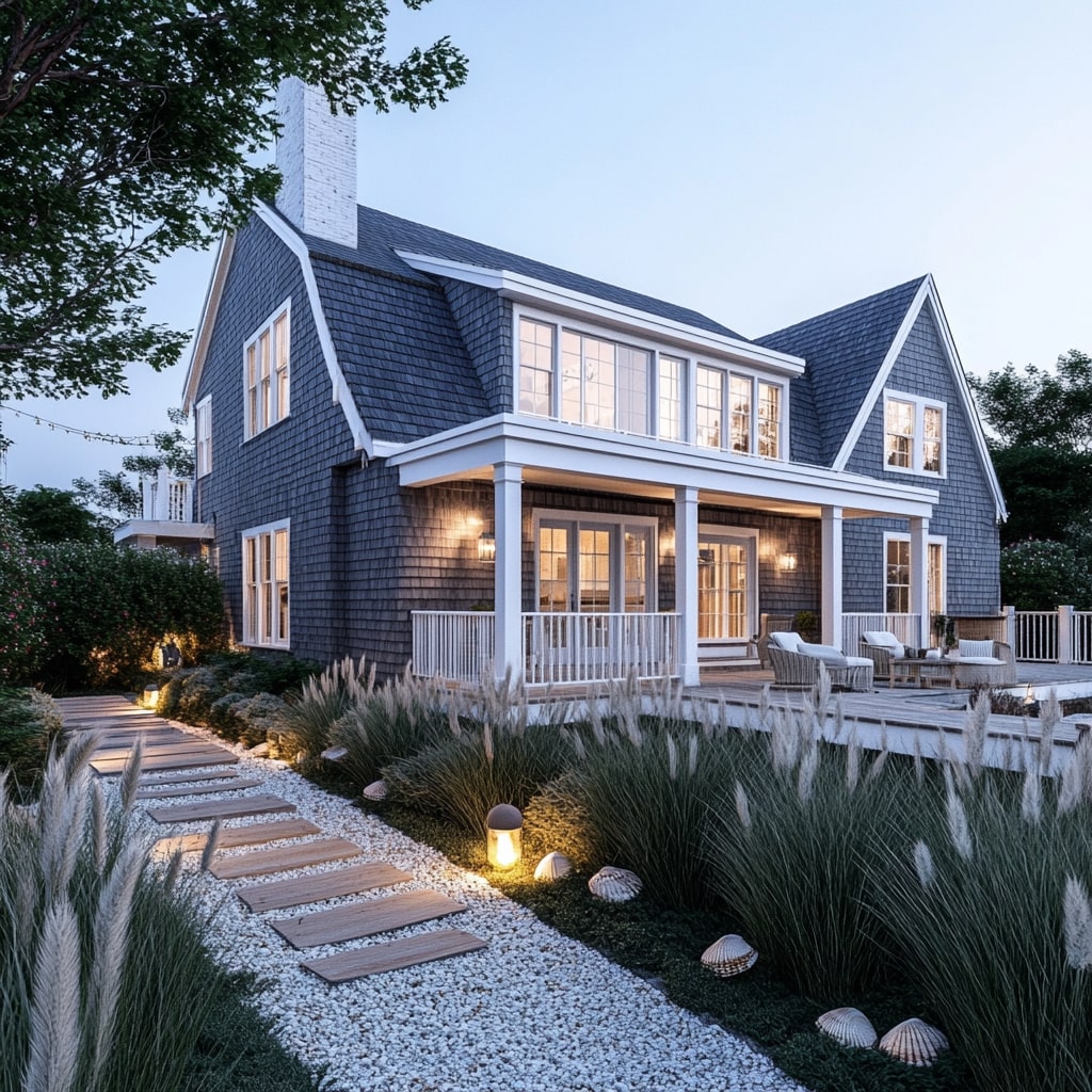 Gray shingled house with white trim wraparound porch and illuminated pathway
