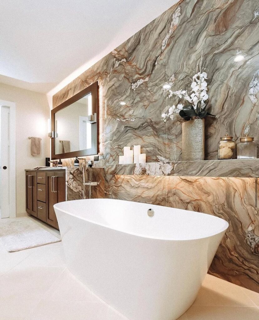 Modern bathroom with marble wall and freestanding tub