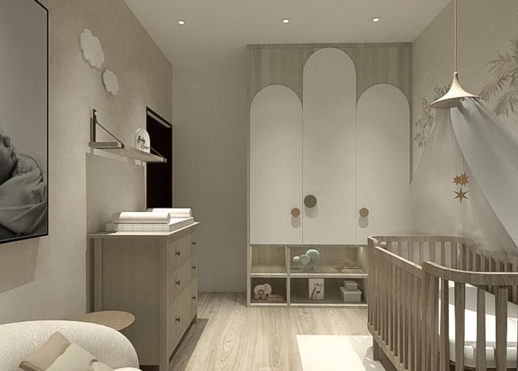 Neutral nursery with arched closets and minimal decor