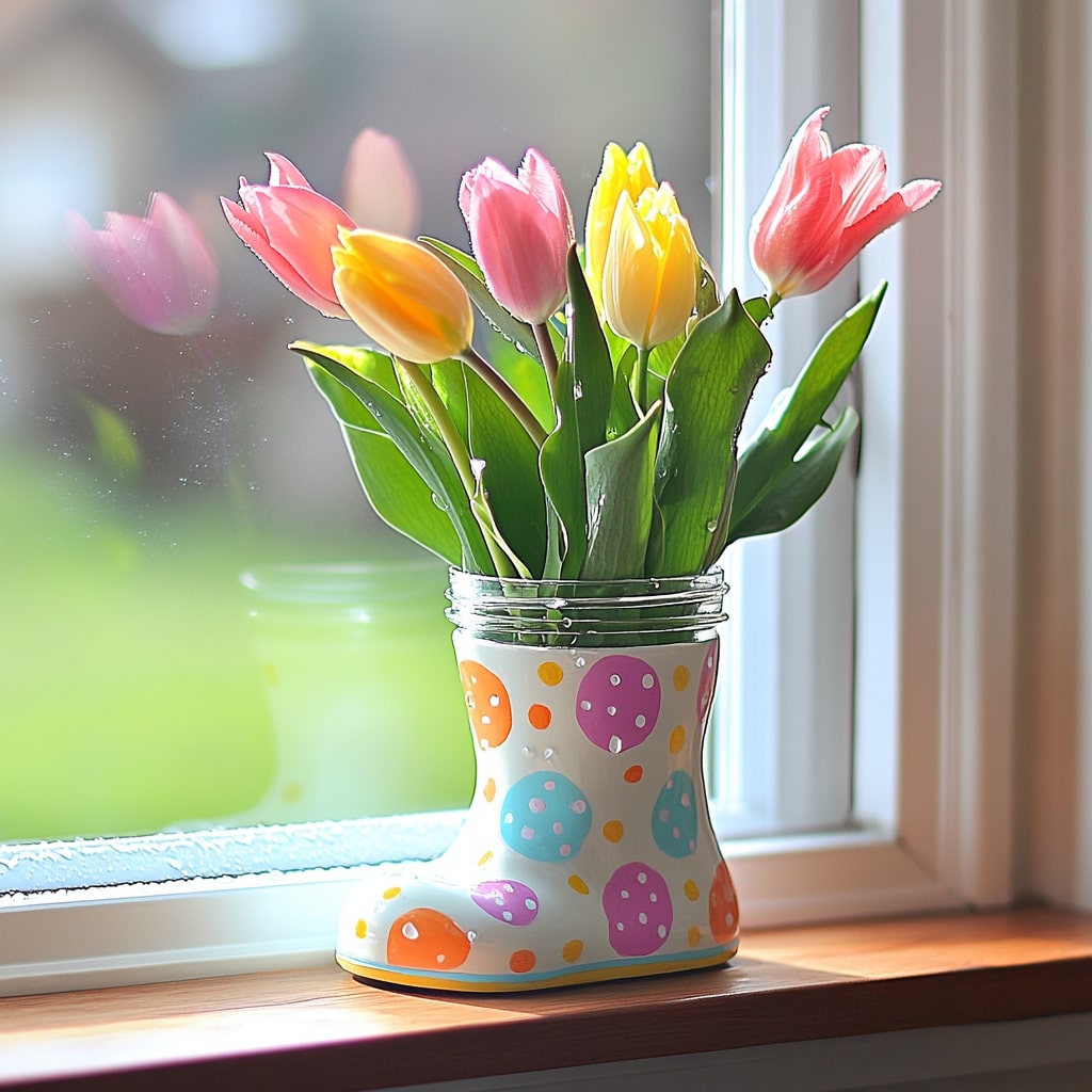  Easter decorated boot shaped vase with colorful tulips