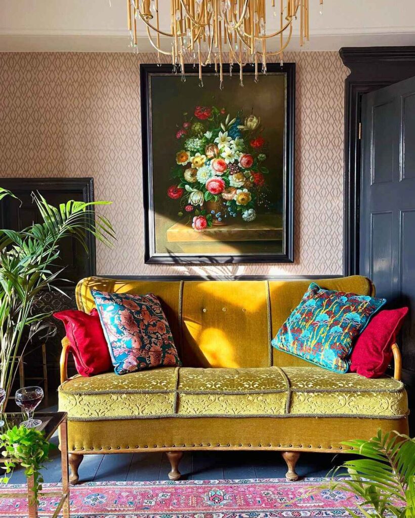 Vintage yellow sofa beneath floral artwork and crystal chandelier