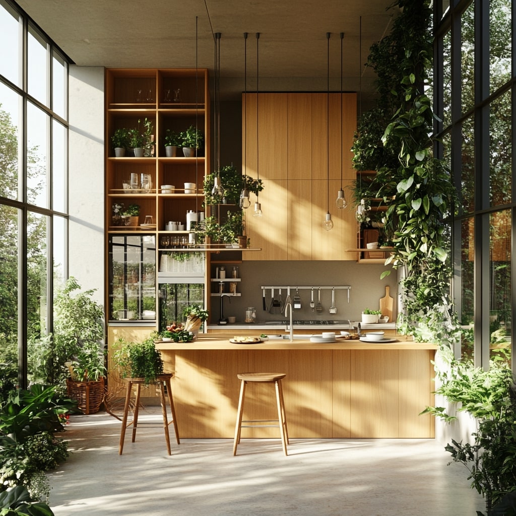 Wooden kitchen with hanging plants and glass walls