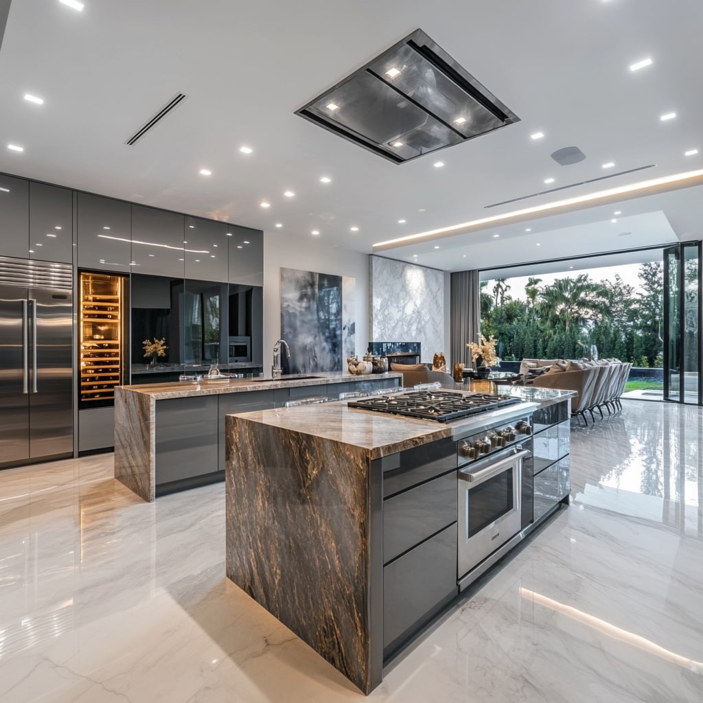 Dark wood kitchen with patterned backsplash and dramatic quartzite countertops