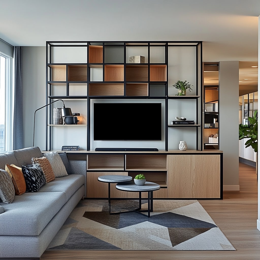 Modern entertainment unit with metal shelving wooden panels and geometric rug