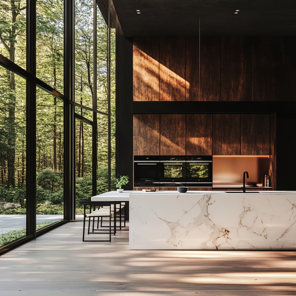 Dark wooden kitchen with marble island and forest view windows