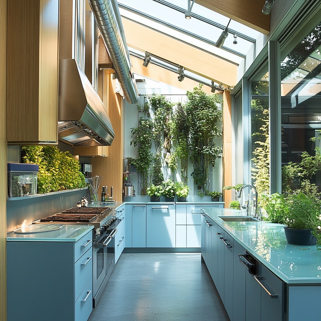 Blue kitchen with glass ceiling hanging plants and stainless appliances