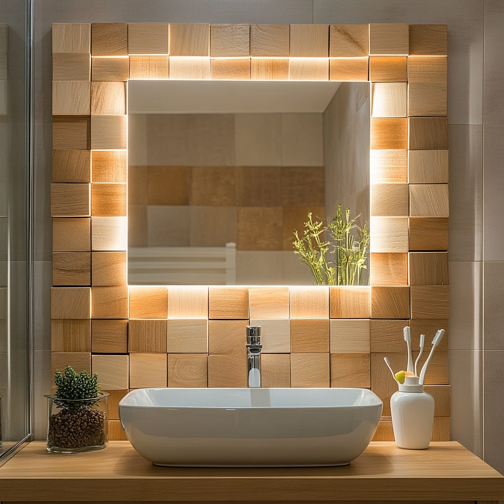 Wooden tile framed mirror with vessel sink and ambient lighting