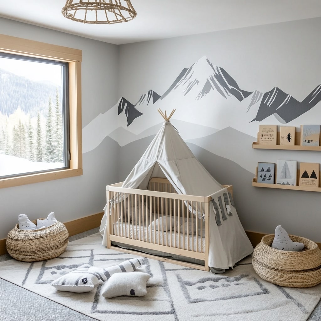 Mountain themed nursery with teepee canopy natural textures and geometric rug